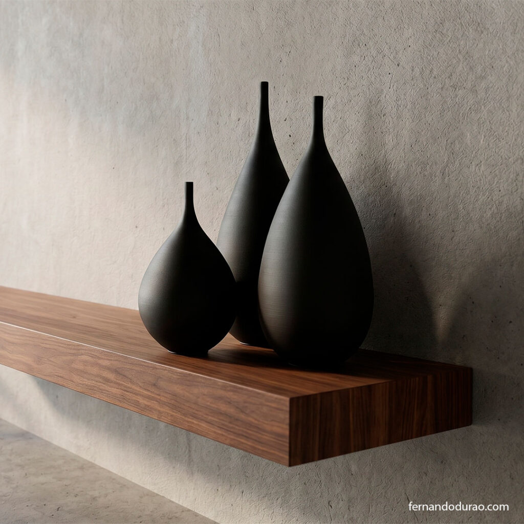 Piezas de cerámica de autor sobre repisa de madera con decoración minimalista