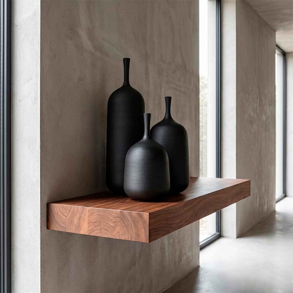 Jarrones minimalistas negros en cerámica artesanal gres sobre repisa de madera — Fernando Durao