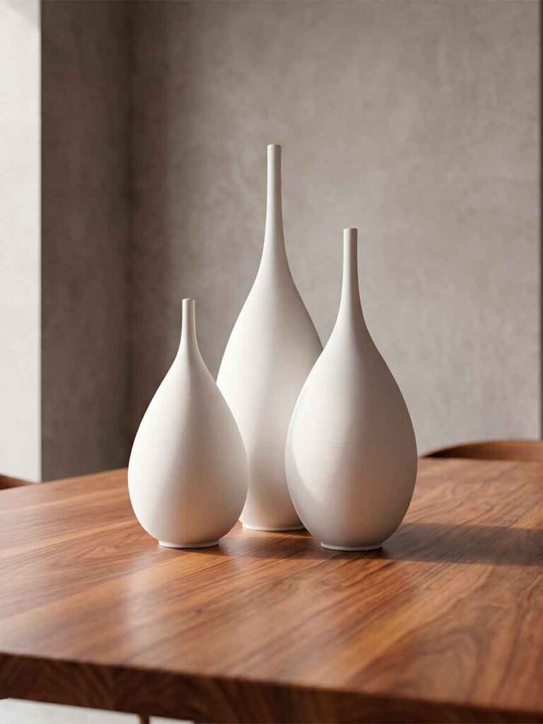 Jarrones decorativos de cerámica blanca colección Quartz sobre mesa de madera en un interior minimalista