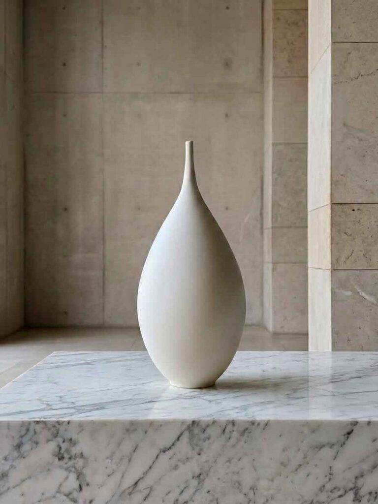 Jarrón decorativo blanco cerámica artesanal gres sobre mármol — objeto de diseño Quartz