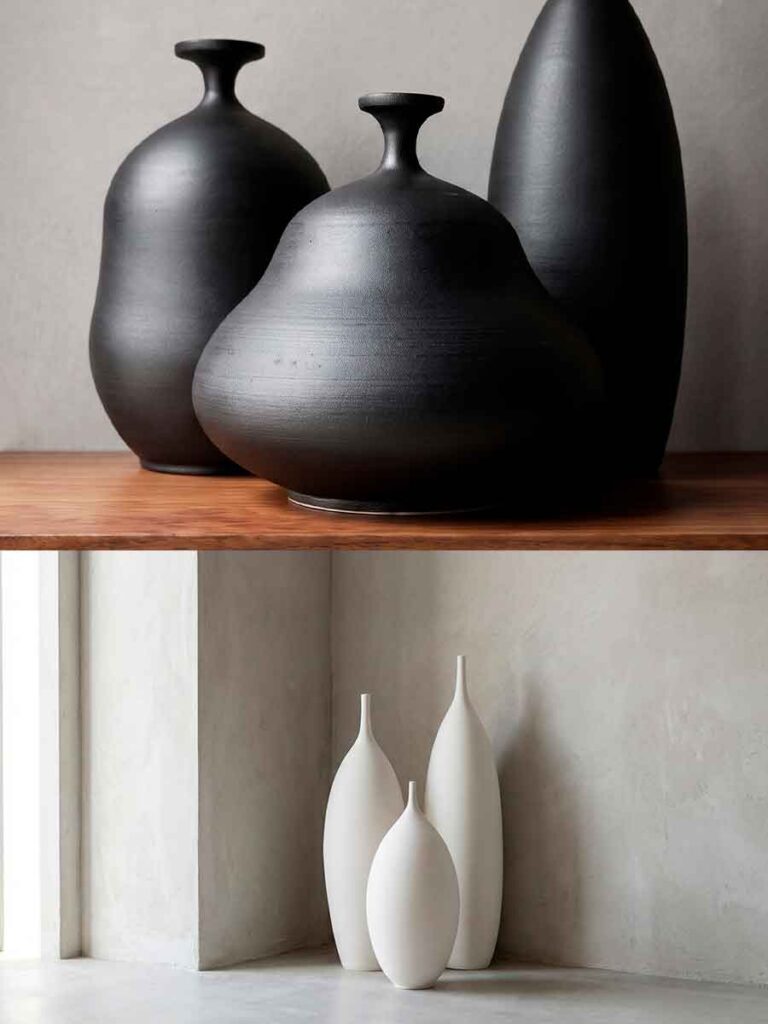 Jarrones decorativos negros de la colección Black y jarrones blancos de la colección Quartz, cerámica de autor