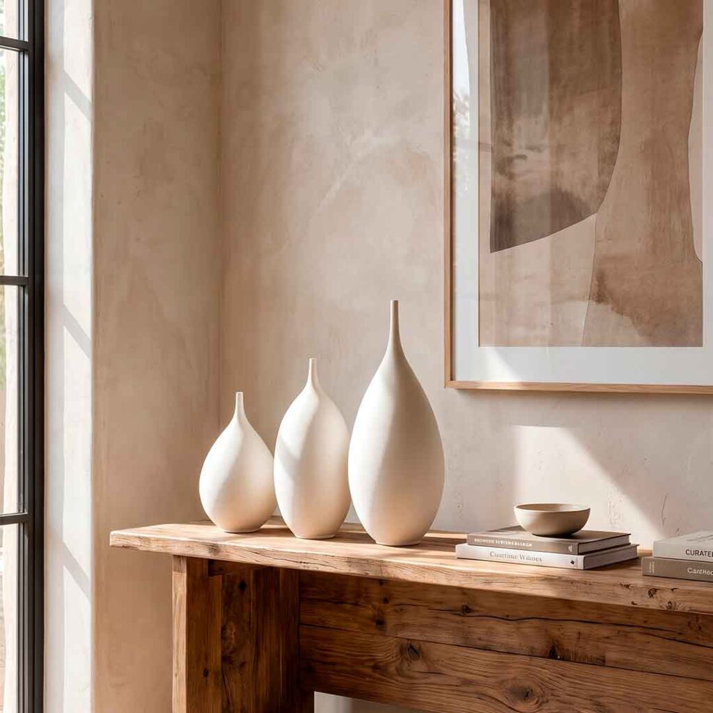 Jarrones minimalistas blancos sobre consola de madera — Quartz cerámica artesanal