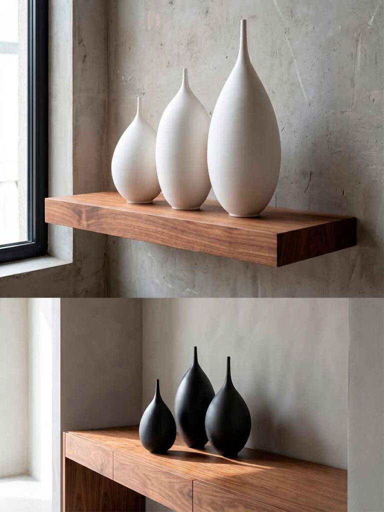 Jarrones decorativos negros y blancos cerámica de autor en living — colecciones Black y Quartz