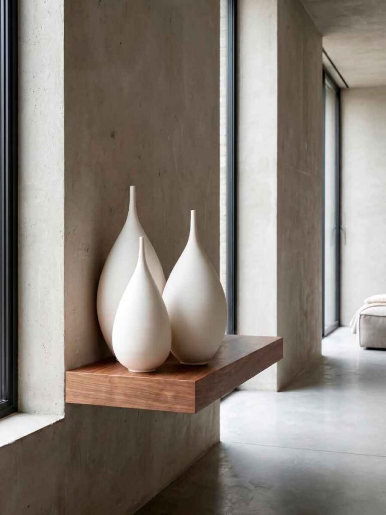Jarrones decorativos crema agrupados en un estante de madera, decoración de interiores minimalista