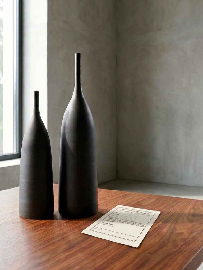 Dos jarrones decorativos negros junto al certificado de autenticidad, objetos de diseño de Fernando Durao