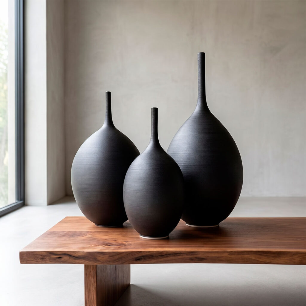 Jarrones decorativos modernos Unikas Black — cerámica de autor en gres negro satinado para decoración minimalista