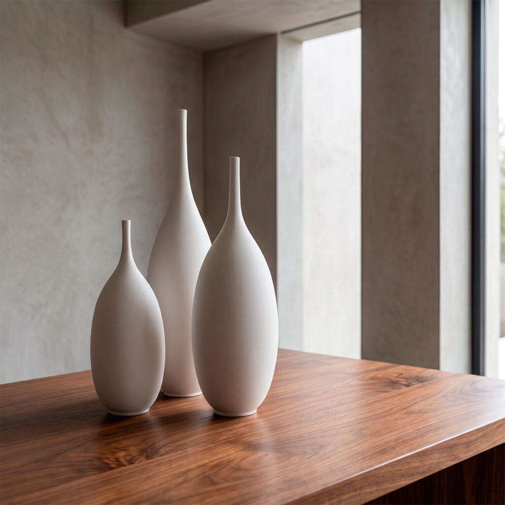 Jarrones decorativos blancos Unikas Quartz — cerámica artesanal gres de acabado mate, piezas únicas de Fernando Durao