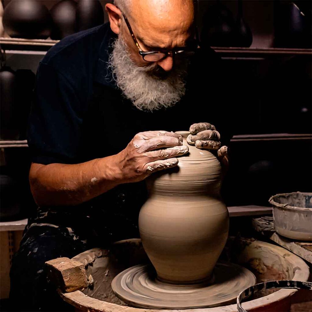 Trabajo de alfarero modelando un jarrón moderno de gres en el torno alfarero.