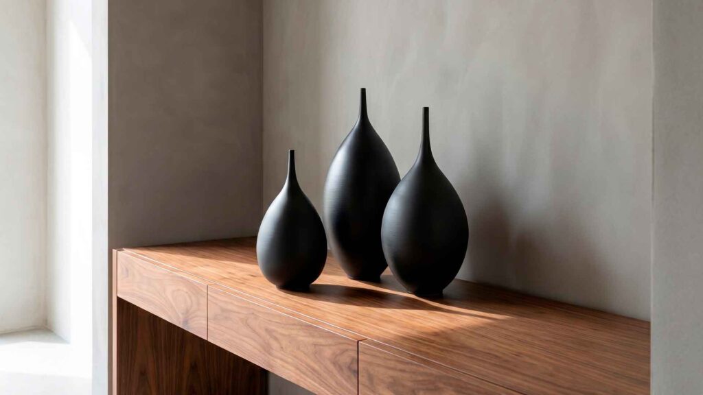Jarrón de cerámica de autor en un ambiente minimalista de diseño de interiores.