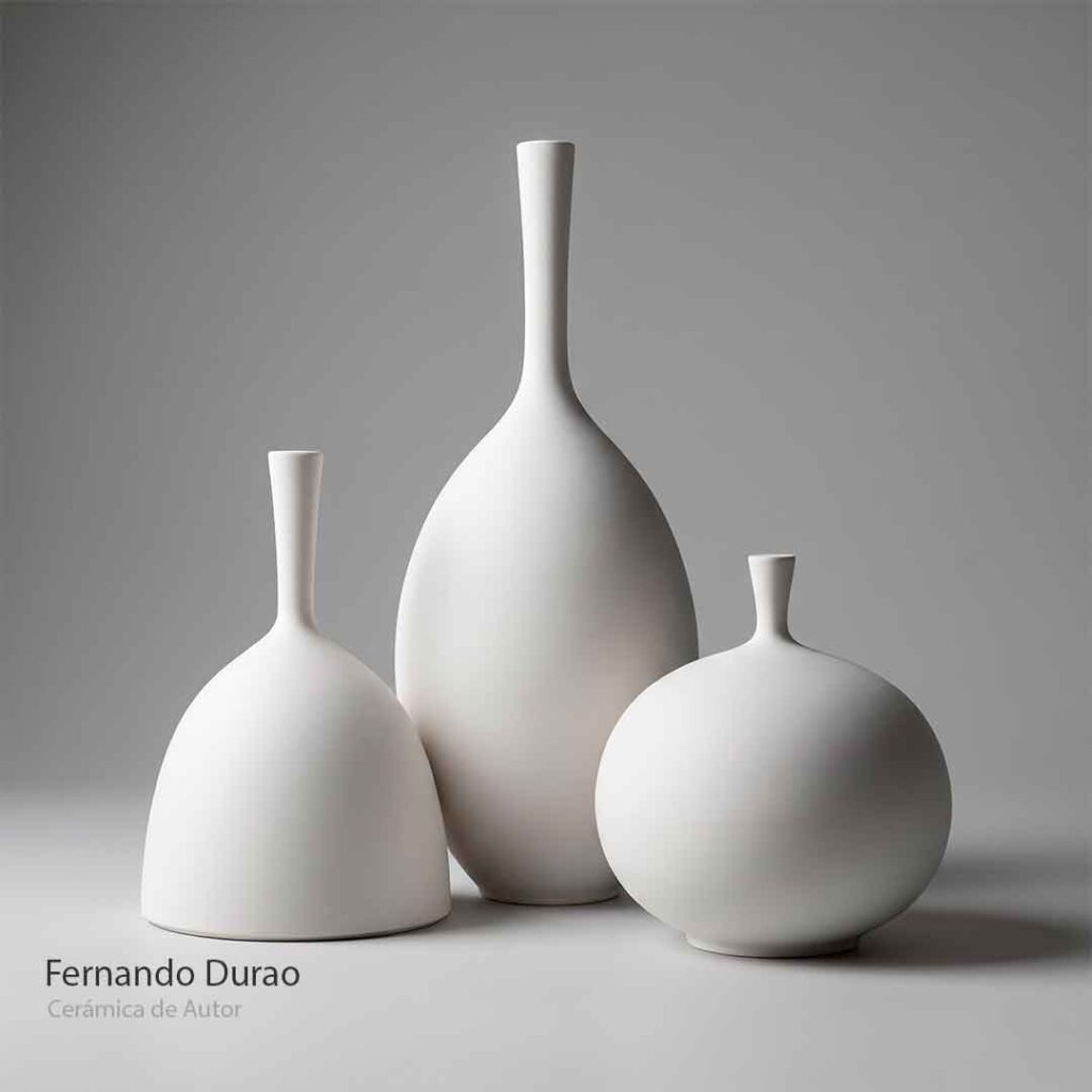 Trío de jarrones decorativos modernos de cerámica blanca mate Fernando Durão para interiorismo minimalista.