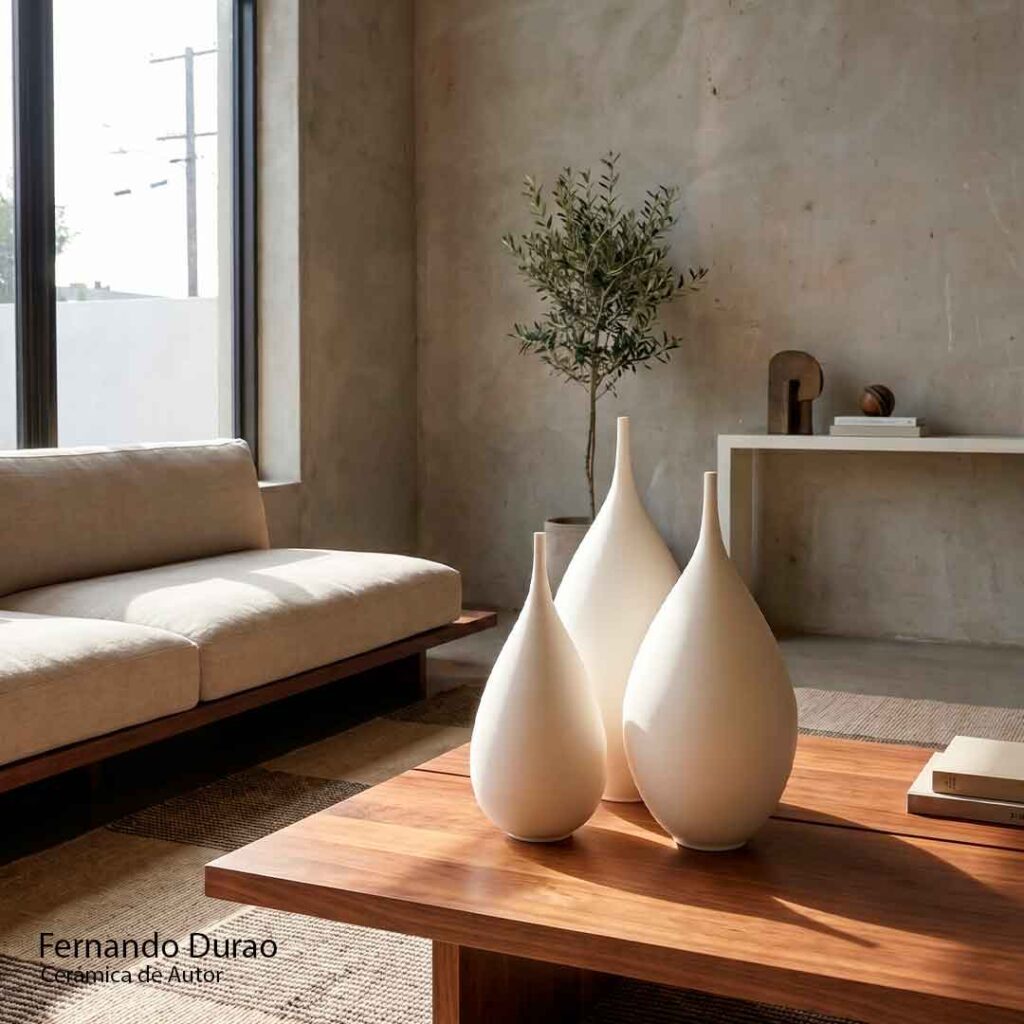 Jarron decorativo blanco de cerámica artesanal en decoración minimalista