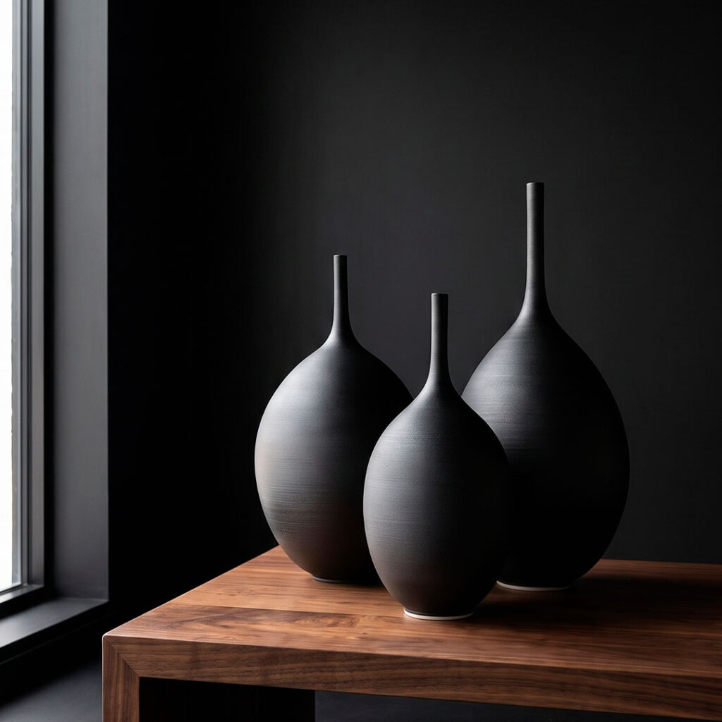 Trío de jarrones modernos de cerámica gres negra de la serie Unikas Black en un ambiente minimalista sobre mesa de madera.