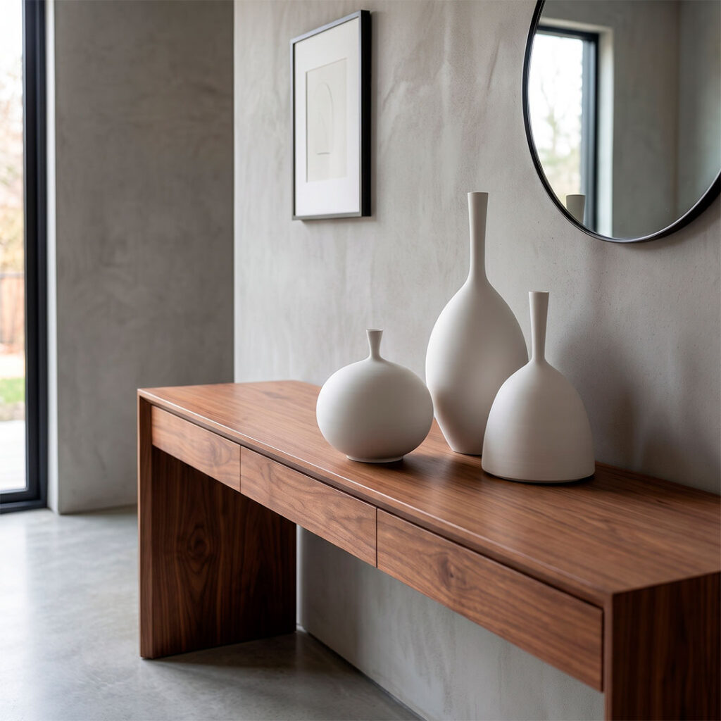 Trío de jarrones de diseño modernos Fernando Durão en cerámica blanca mate sobre consola de madera minimalista.