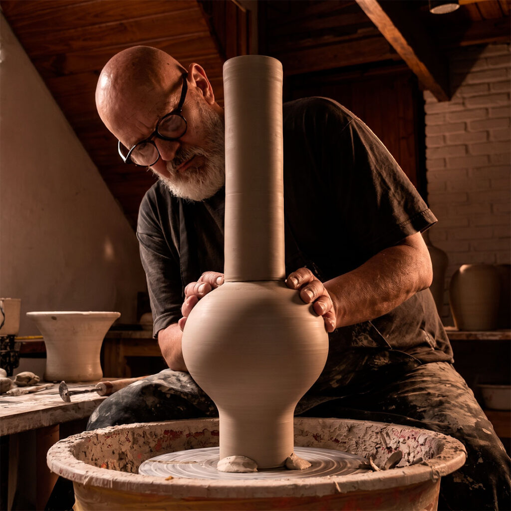 Alfarero trabajando una escultura de cerámica de autor en el torno alfarero con iluminación cálida.