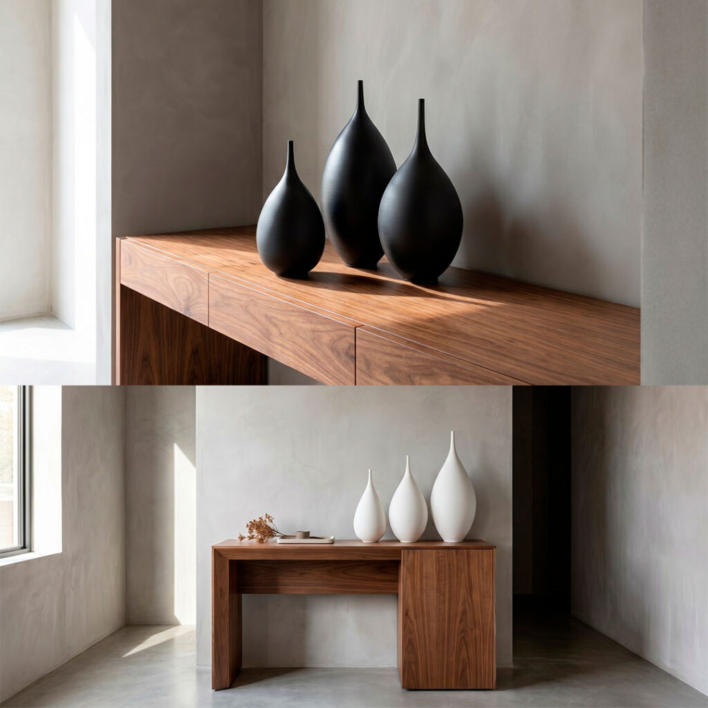 Vistas de objetos de diseño Fernando Durao: jarrones de cerámica gres negros satinados y blancos mate.