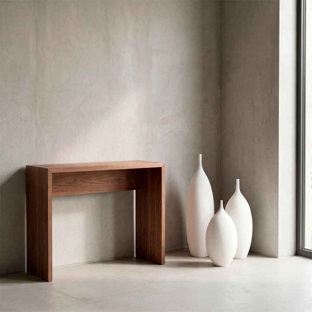 Jarrón decorativo grande en consola de entrada con decoración minimalista