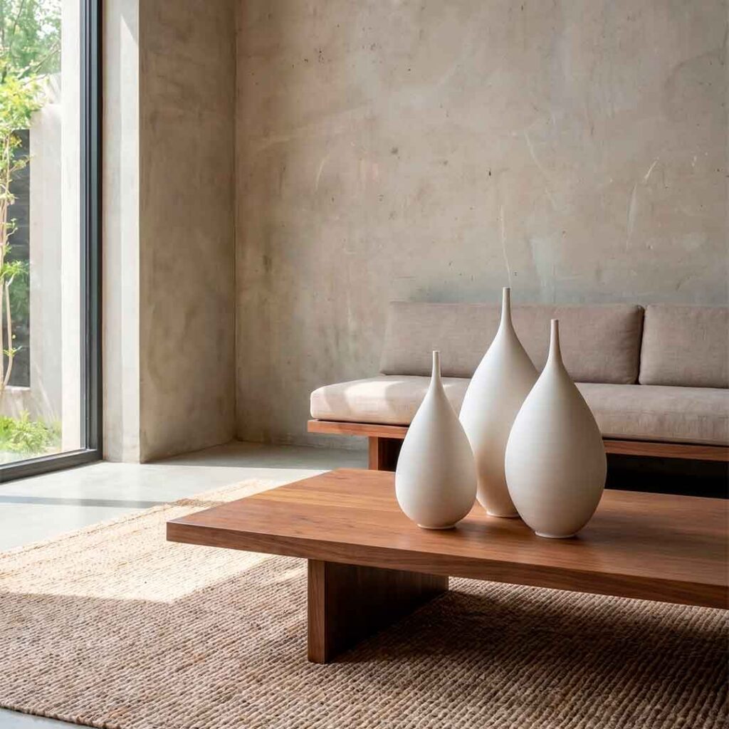 Decoración minimalista de sala con jarrones ubicados estratégicamente