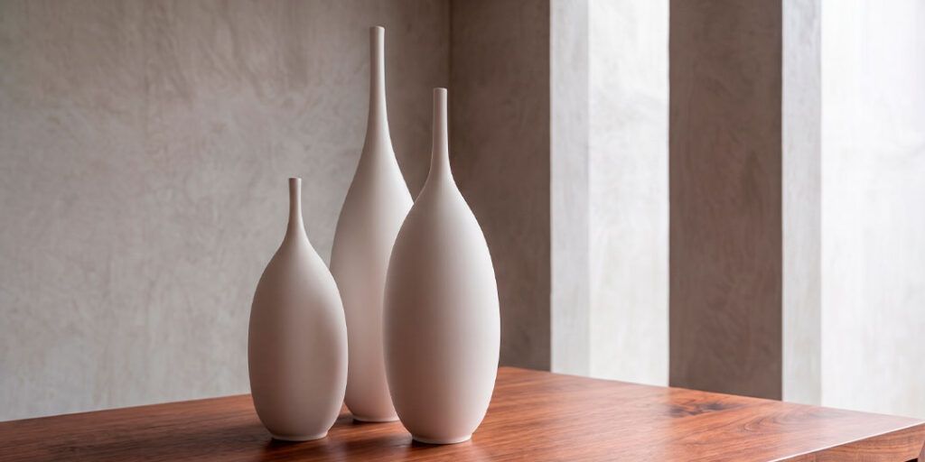 Set de tres jarrones de cerámica gres Unikas Quartz blanco mate para decoración minimalista